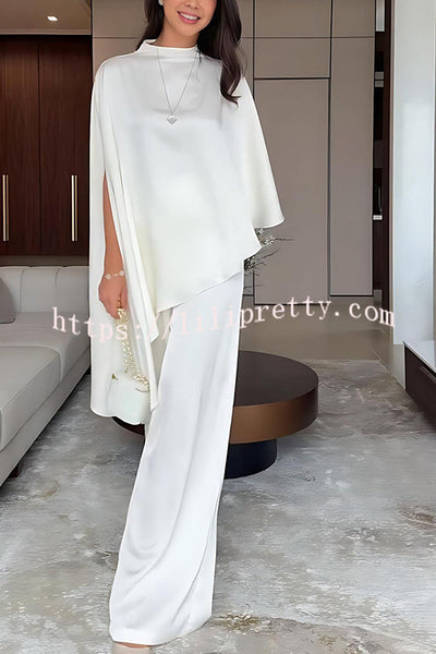 Iris Satin High Neck Cape Sleeve Irregular Hem Top and Elastic Waist Wide-Leg Pants Set