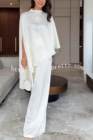 Iris Satin High Neck Cape Sleeve Irregular Hem Top and Elastic Waist Wide-Leg Pants Set
