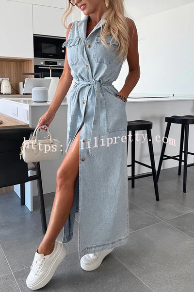Solid Color Sleeveless Single Breasted Waist Tie Casual Pocket Denim Midi Dress