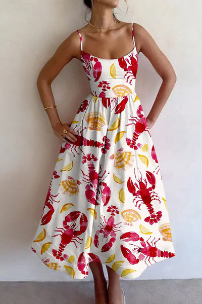 Summer Colorful Unique Printed Sexy Suspender Slim Midi Dress