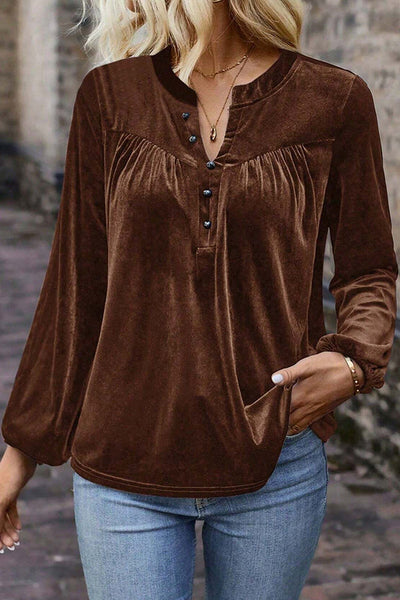 Solid Color Velvet V-neck Long-sleeved Loose Button Top