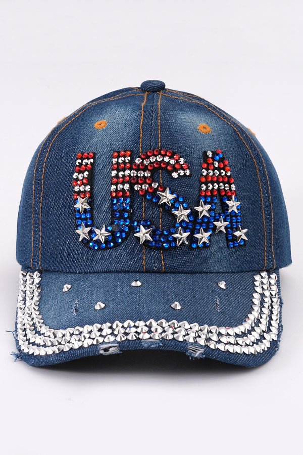 Rhinestone-studded Denim Baseball Cap