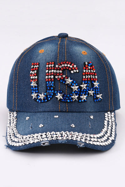 Rhinestone-studded Denim Baseball Cap