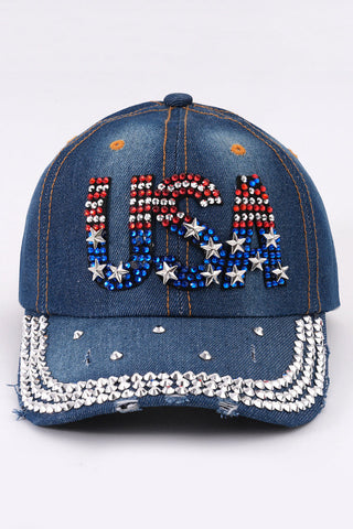 Rhinestone-studded Denim Baseball Cap
