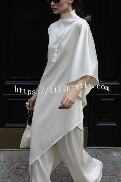 Kallena Satin High Neck Irregular Sleeves Midi Top and High Rise Pocket Loose Pants Set