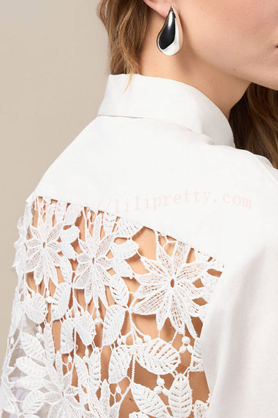 Daisy Long Sleeve Back Crochet Floral Lace A-line Blouse