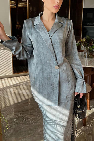 Stylish Lapel Long-sleeved Button-down Suit and Elegant Maxi Skirt Set