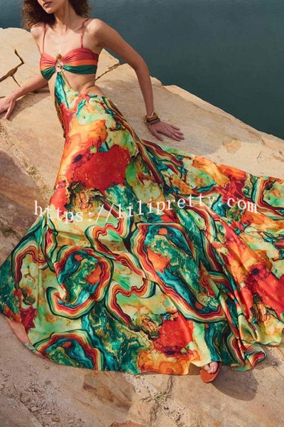 Volcanic Magma Printed Metal Decoration Cutout Back Tie-up Vacation Maxi Dress