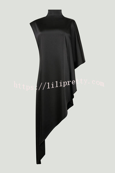 Kallena Satin High Neck Irregular Sleeves Midi Top and High Rise Pocket Loose Pants Set