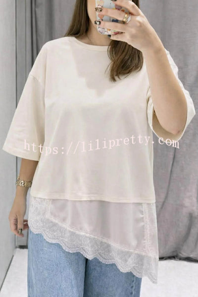 Stylish Round Neck Short-sleeved Patchwork Lace Hem Loose T-shirt