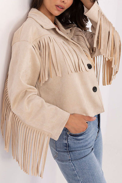 Fashion Lapel Long Sleeve Tassel Decorated Loose Coat