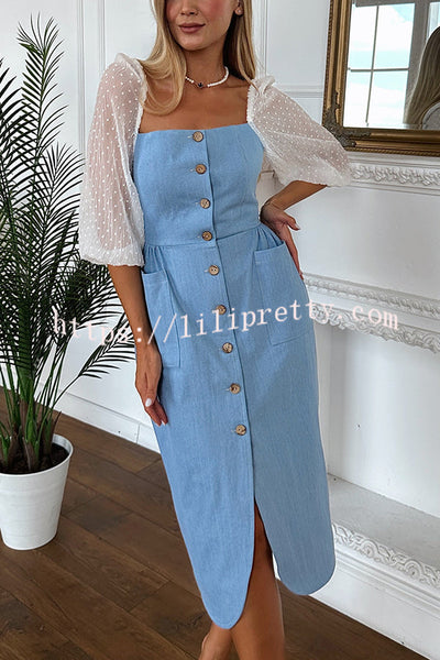 Briena Denim Square Neck Polka Dot Puff Sleeve Button Pocket Midi Dress