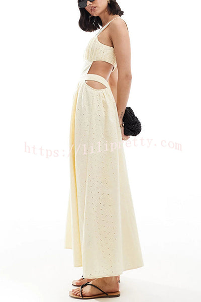 Vineyard Cutwork Fabric Ruched Bust Cutout Back Smocked Maxi Dress