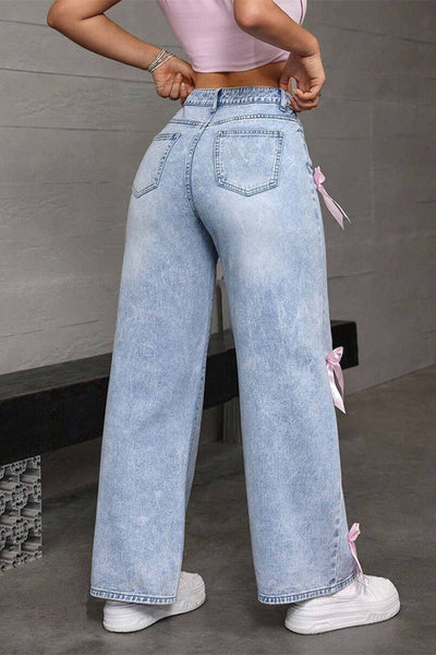 Fashion Bow Embellished High-Rise Casual Pocket Straight Jeans