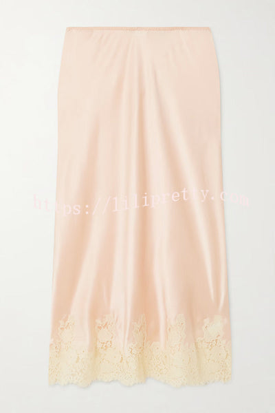 Celebration Look Contrast Color Satin Lace Trim Elastic Waist Drape Midi Skirt