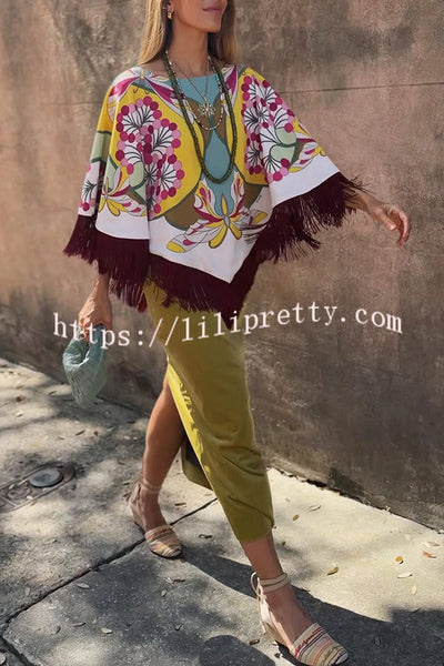 Ethnic-style Floral Pattern Tassel Trim Loose Cape Top