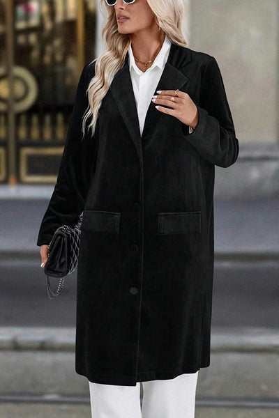 Solid Color Velvet Lapel Long-sleeved Casual Button Mid-length Coat