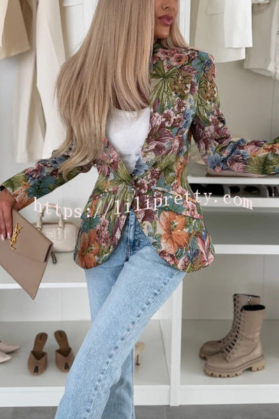 Sienna Unique Floral Print Lapel Long Sleeve Single Button Elegant Blazer
