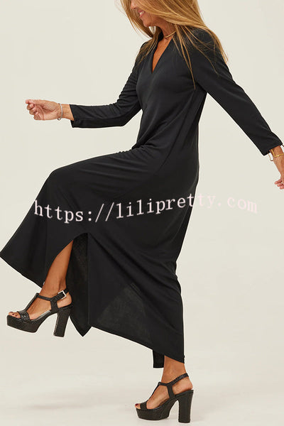Solid Color V-neck Casual Slit Maxi Dress