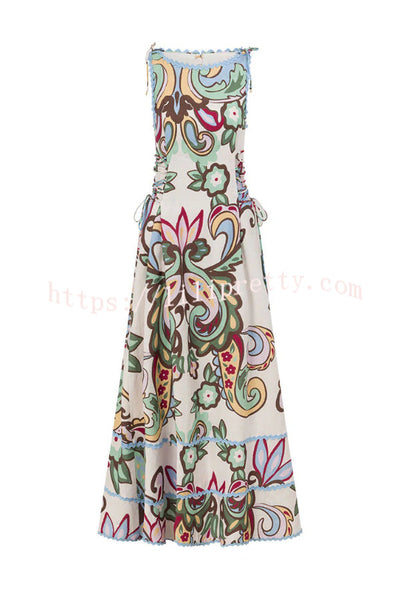 Unique Botanical Print Serrated Trim Round Neck Sleeveless Tie Casual Maxi Dress