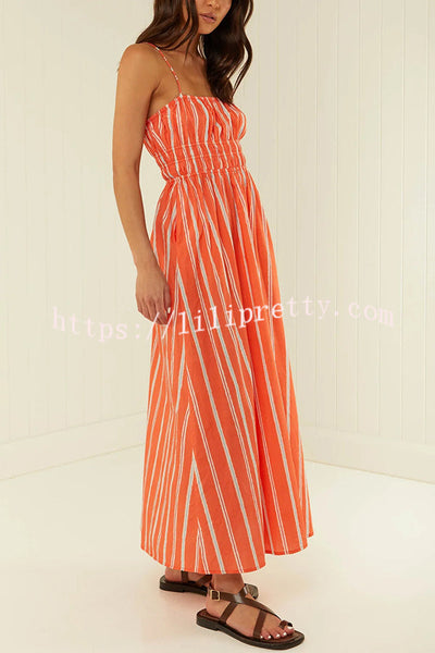 Unique Printed Suspender Backless Pleated Waist Maxi Dress
