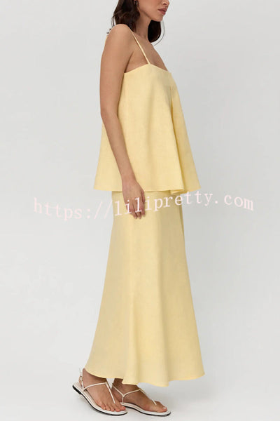 Linen Blend Loose Square Neck Camisole Top and Elegant Resort Maxi Skirt Set