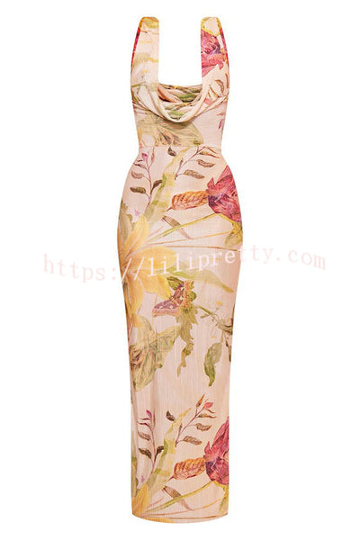 Everly Floral Print Plisse Cowl Plunge Stretch Maxi Dress