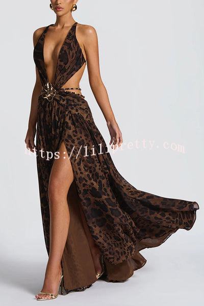 Kinara Leopard Print Deep V-neck Metal Flower Hollow Beads Detail Slit Maxi Dress