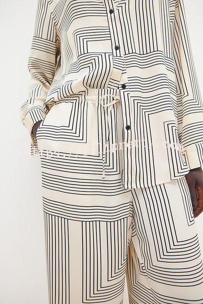 Unique Print Lapel Long Sleeve Loose Shirt and Elastic Waist Casual Pocket Wide Leg Pants Set