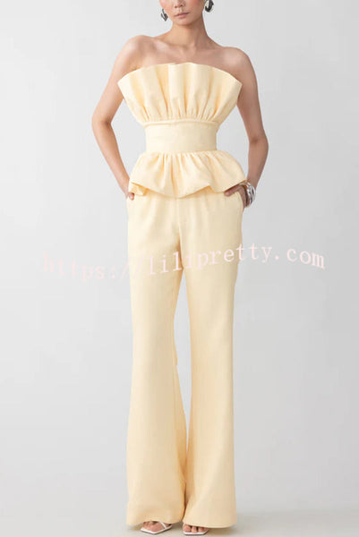 Every Occasion Crepe Panel Ruffles Strapless Top and High Rise Pocketed Flare Pants Set