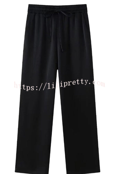 Fashionable Pleated Elastic Waist Tie Casual Pocket Wide-leg Pants