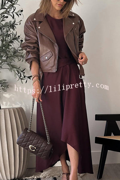 Fashion Lapel Long Sleeve Casual Zipper Pocket Leather Jacket