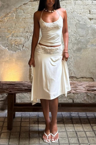 Solid Color Patchwork Lace Halter Neck Fitted Top and Elegant Knee-length Skirt Set