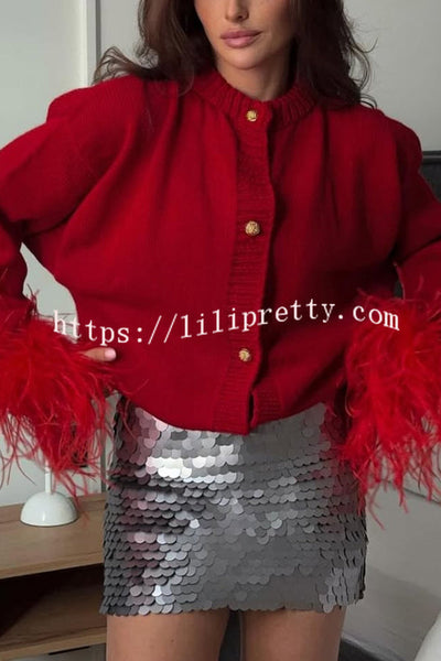 Solid Color Elegant Feather Long Sleeve Casual Knitted Cardigan