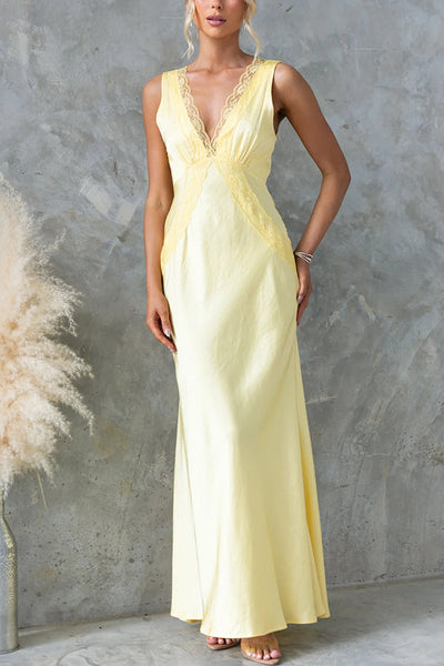 Love Story Satin Sexy Lace Trim V-neck Maxi Dress