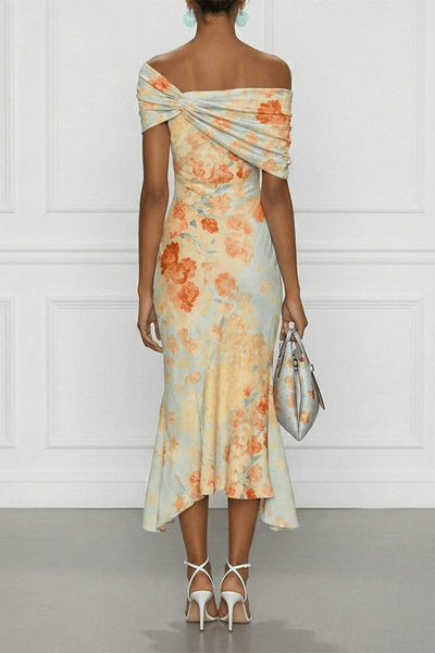 Floral Off-shoulder Sleeveless Fishtail Midi Dress