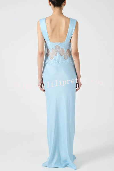 Wonderful Fusion Satin Lace Trim See-through Waist V-neck Drape Maxi Dress