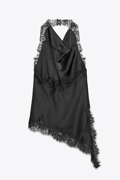 Dolly Satin Lace Trim Halter Cowl Neck Asymmetric Hem Tank