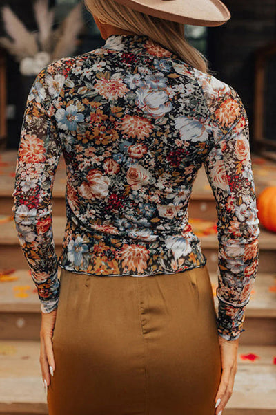 Floral Print Long Sleeve Turtleneck Casual Slim Fit Top
