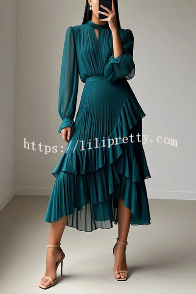 Solid Color Round Neck Long Sleeve Fitted Waist Pleated Ruffle Midi Dress