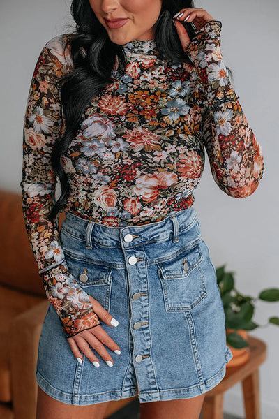 Floral Print Long Sleeve Turtleneck Casual Slim Fit Top