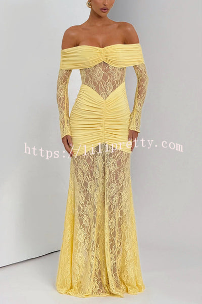 Solid Color Patchwork Lace Off-shoulder Long-sleeved Pleated Slim-fit Maxi Dress