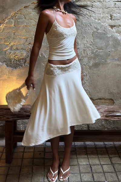 Solid Color Patchwork Lace Halter Neck Fitted Top and Elegant Knee-length Skirt Set