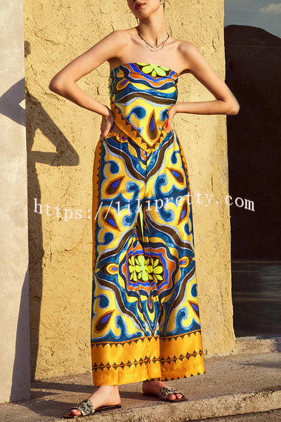 Ethnic Style Unique Print Tube Top and Elastic Waist Casual Pocket Wide Leg Pants Set