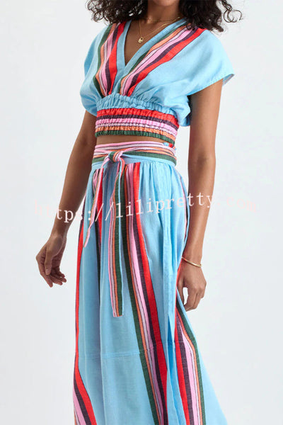 Stylish Striped Print V-neck Cropped Top and Elastic Waist Casual Maxi Skirt Set