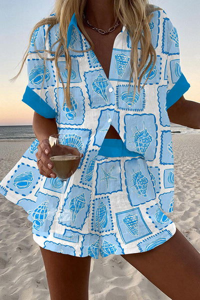 Conch Print Loose Button Elastic Waist Shorts Set
