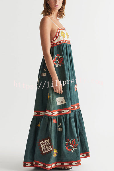 Unique Printed Sexy Suspender Backless Large Hem Maxi Dress