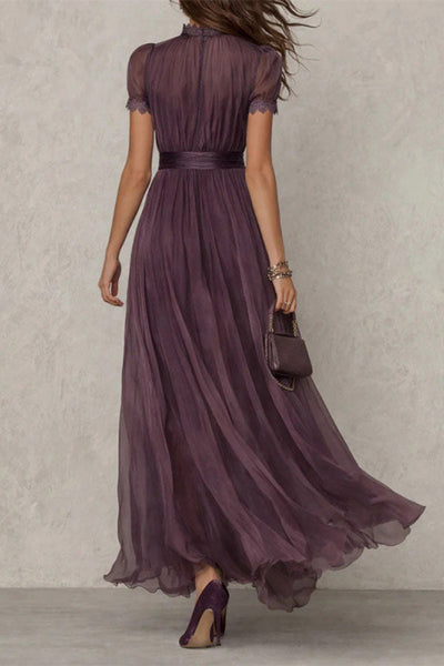Elegant Lace Trim Keyhole Puff Sleeve Flowing Chiffon Maxi Dress