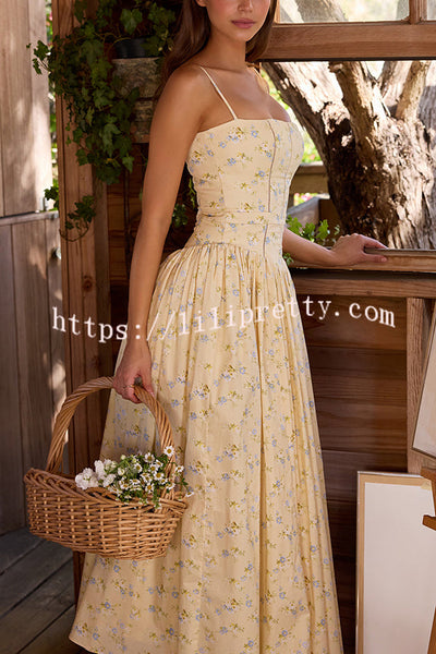 Romantic Countryside Stretch Cotton Blend Floral Print Cutout Trim Slip Midi Dress