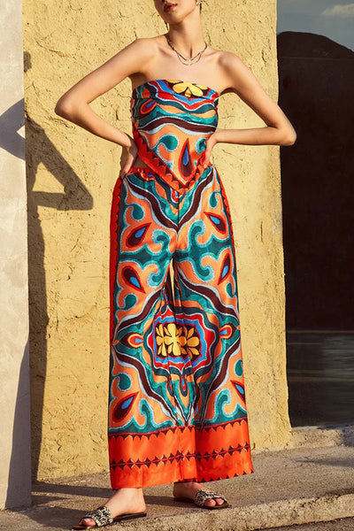 Ethnic Style Unique Print Tube Top and Elastic Waist Casual Pocket Wide Leg Pants Set